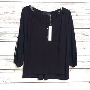 Line & Dot Black 3/4 Sleeve Embroidered Blouse